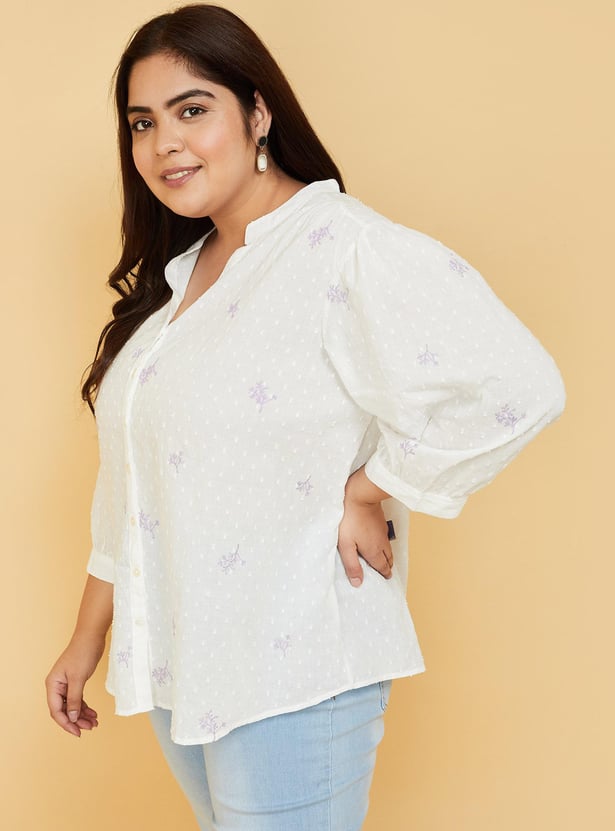 Women Embroidered Band Collar Top