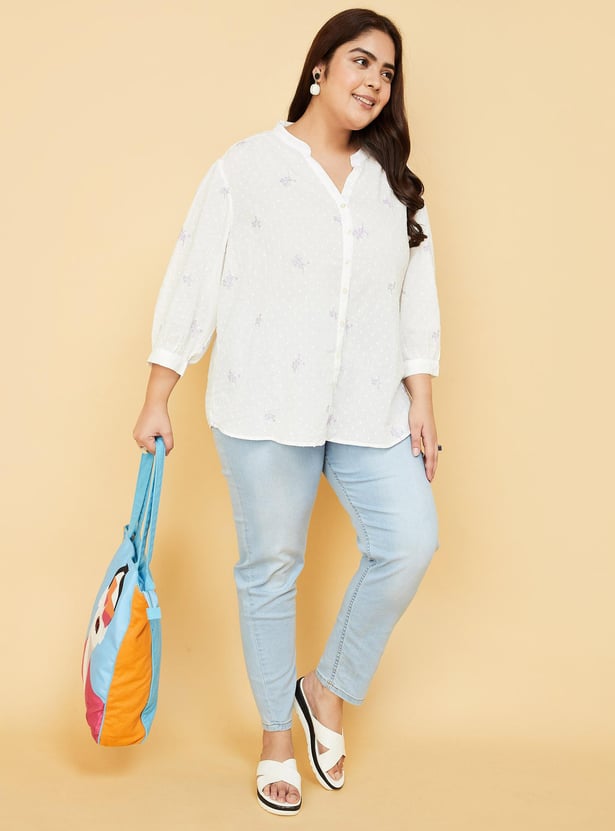Women Embroidered Band Collar Top