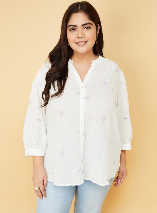 Women Embroidered Band Collar Top