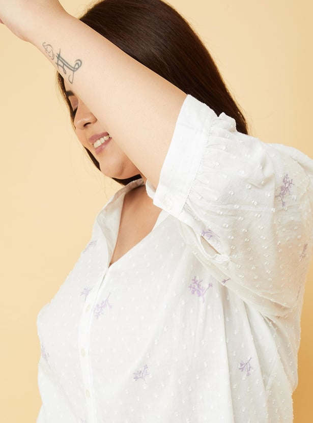 Women Embroidered Band Collar Top