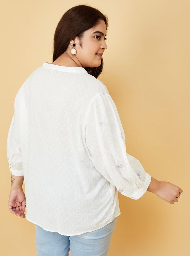 Women Embroidered Band Collar Top