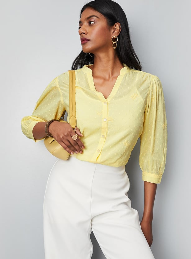 Women Embroidered Band Collar Top
