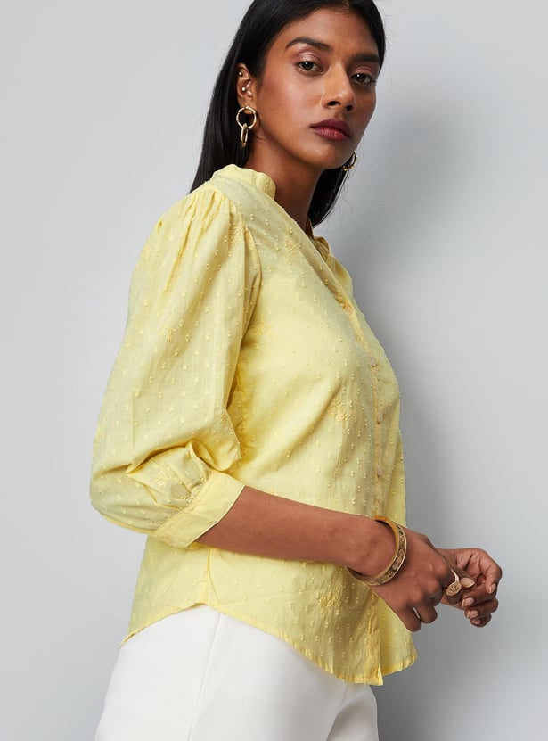 Women Embroidered Band Collar Top