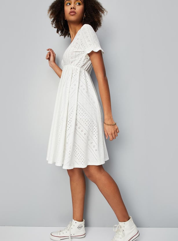 Women Schiffli Knit Fit and Flare Dress