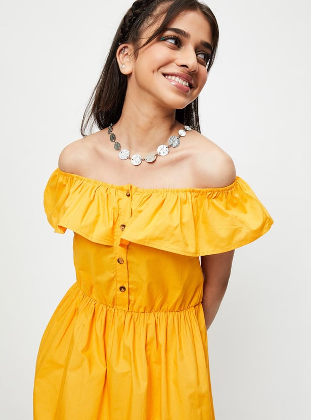 Girls Solid Off-Shoulder Fit and Flare Dress