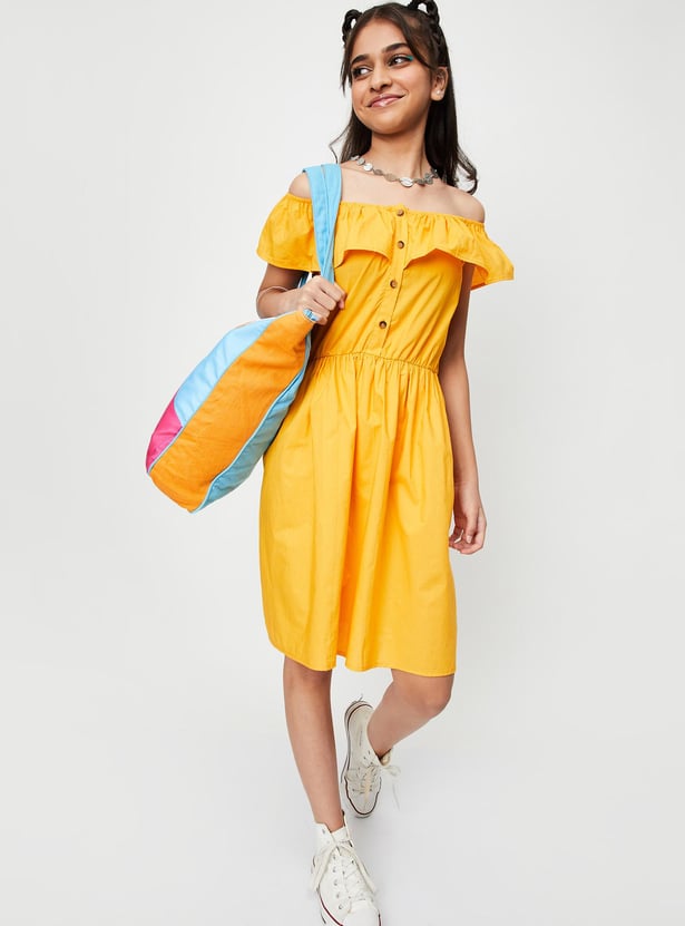 Girls Solid Off-Shoulder Fit and Flare Dress