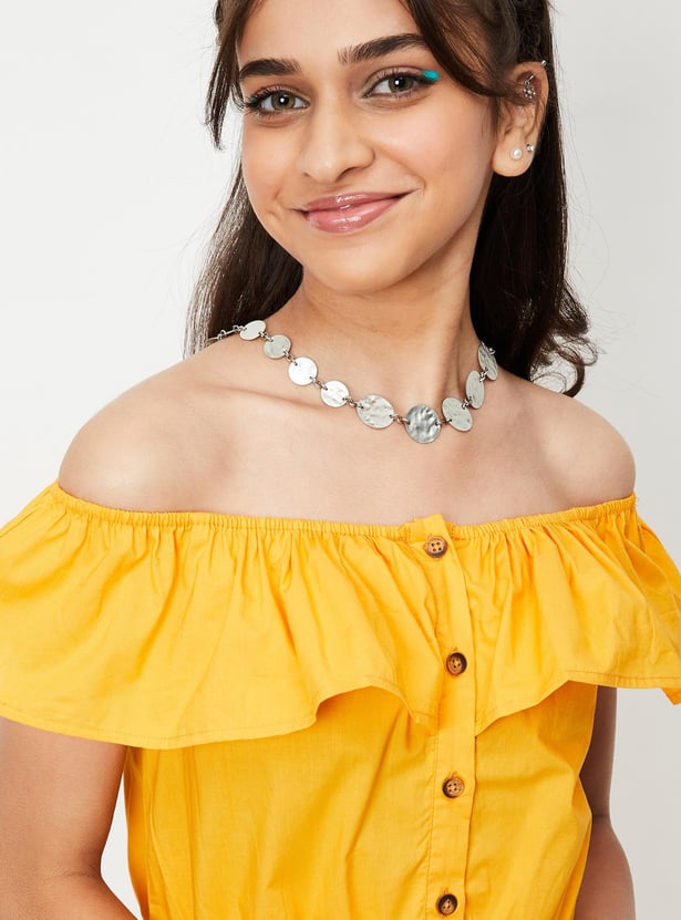 Girls Solid Off-Shoulder Fit and Flare Dress