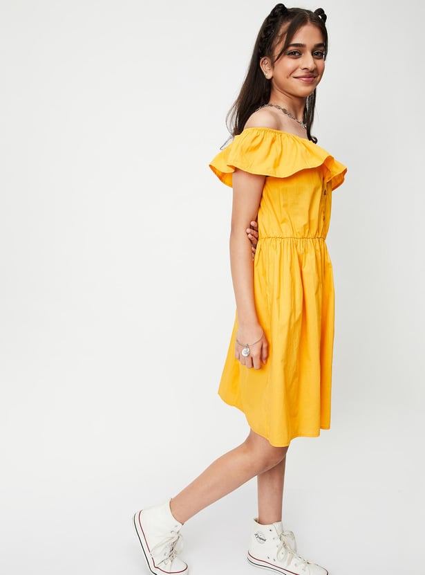 Girls Solid Off-Shoulder Fit and Flare Dress