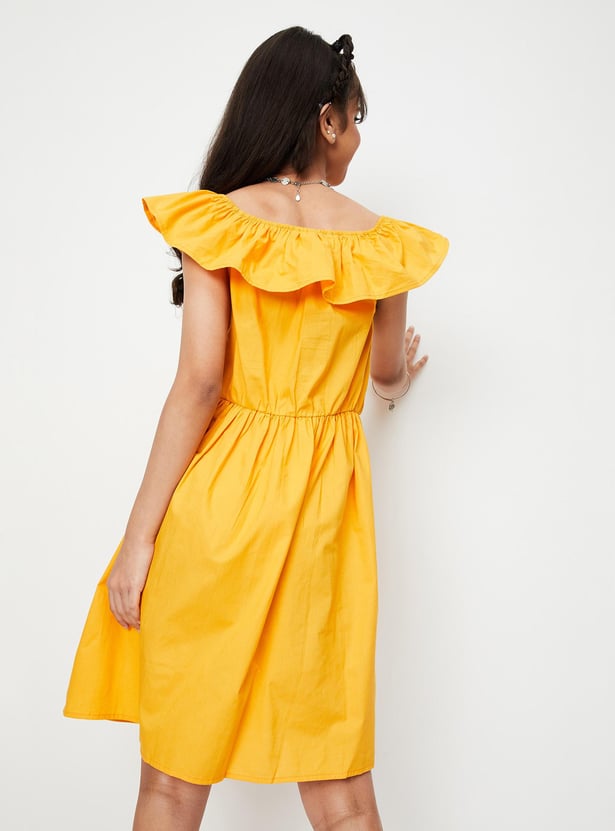 Girls Solid Off-Shoulder Fit and Flare Dress