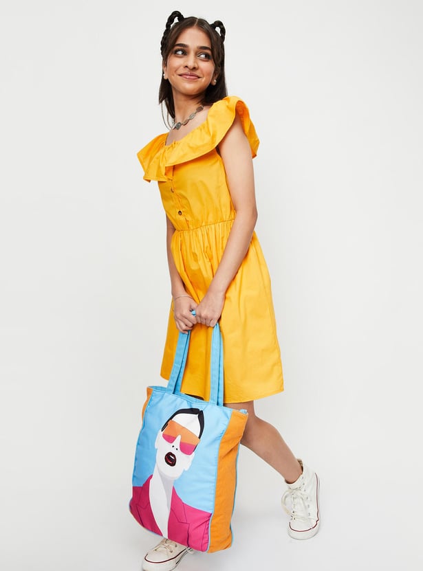 Girls Solid Off-Shoulder Fit and Flare Dress
