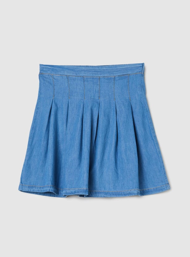 Girls Pleated Denim Skirt