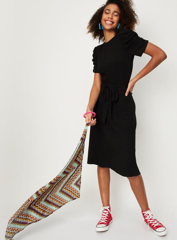 Women Textured Knit Ruched Dress