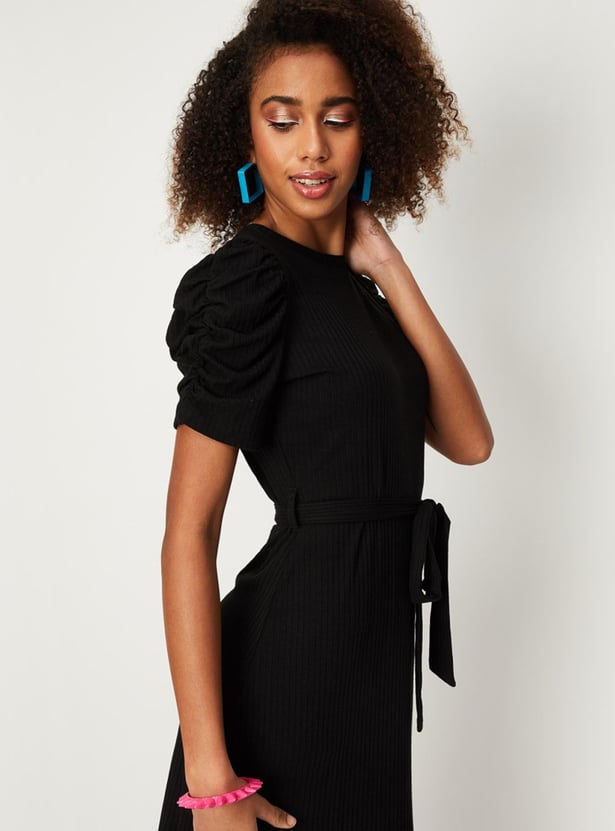 Women Textured Knit Ruched Dress