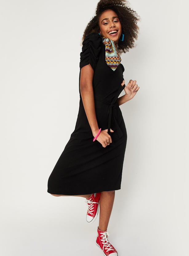 Women Textured Knit Ruched Dress