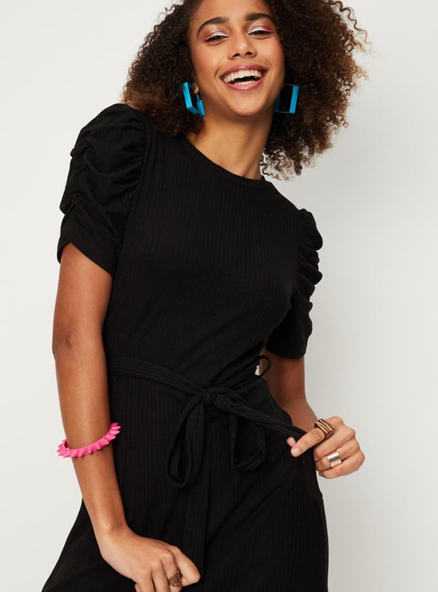 Women Textured Knit Ruched Dress