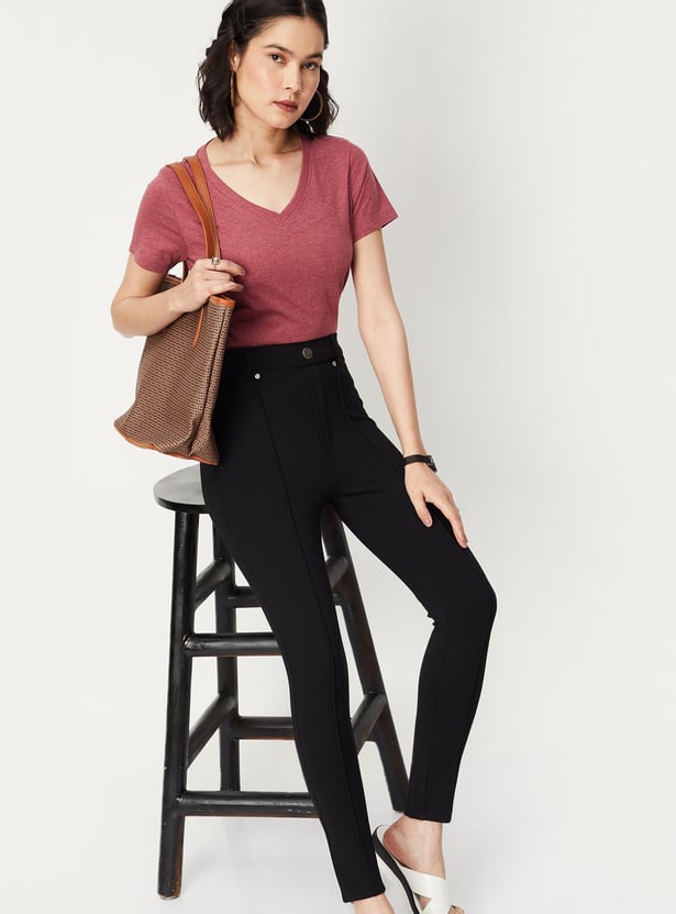 Women Solid V-neck T-shirt