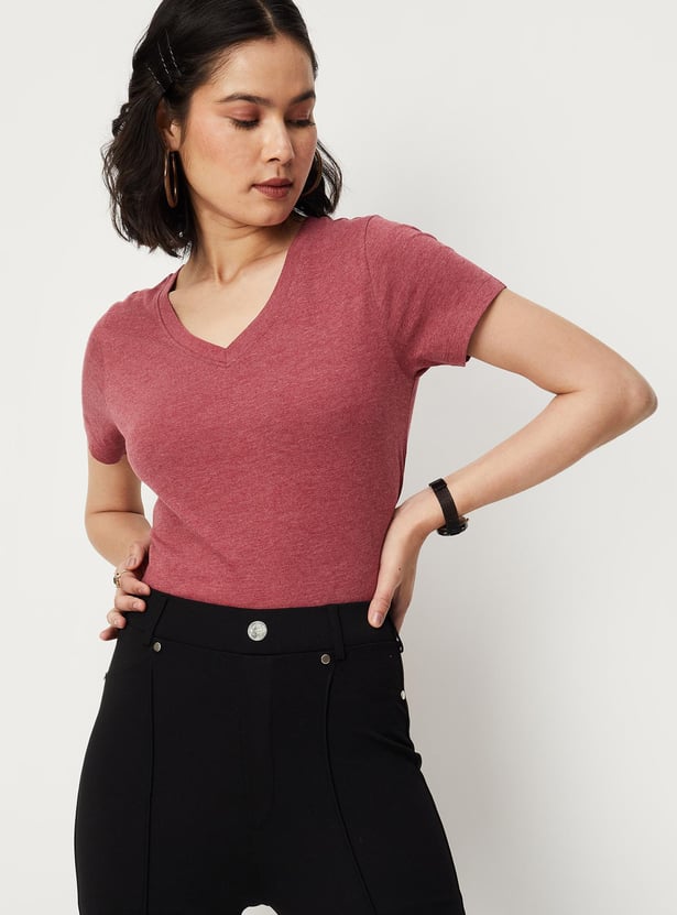 Women Solid V-neck T-shirt