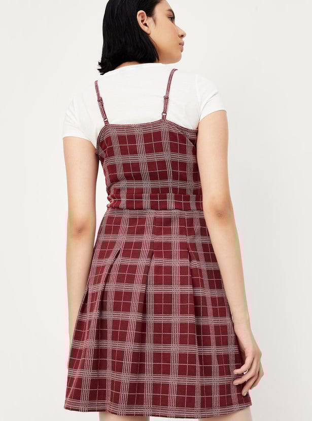 Women Checked Pinafore Dress with T-shirt