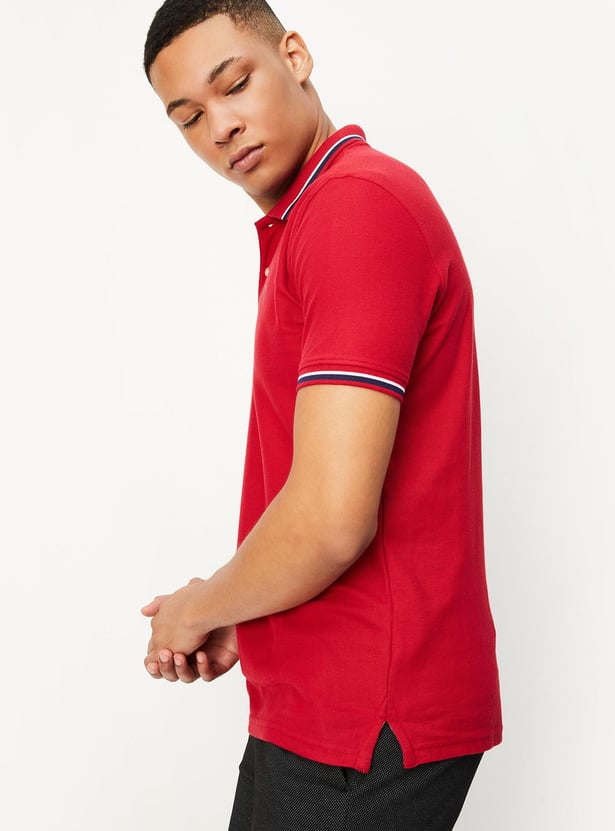 Men Slim Fit Polo T-shirt with Striped Trim