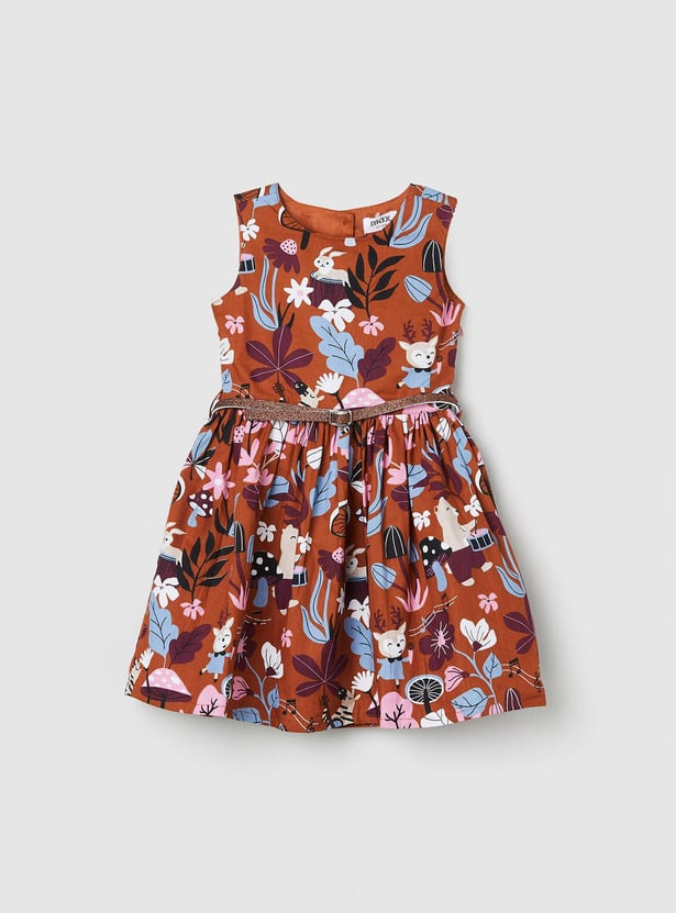Girls Printed Belted Dress