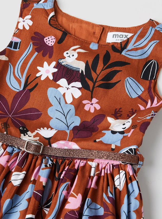 Girls Printed Belted Dress