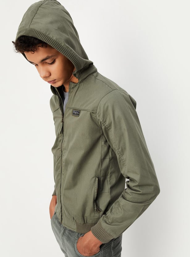 Boys Solid Hooded Jacket with Zip Pockets