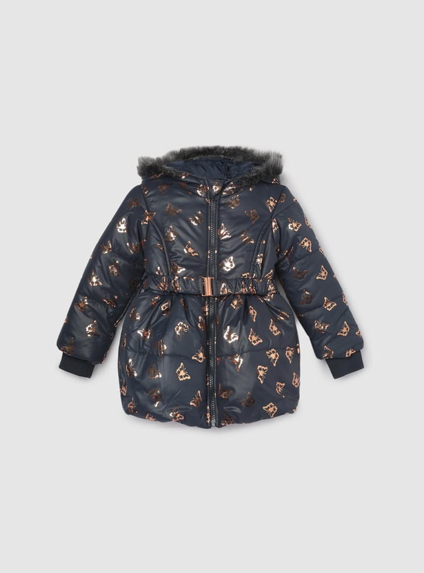 Girls Printed Heavy Hooded Puffer Jacket