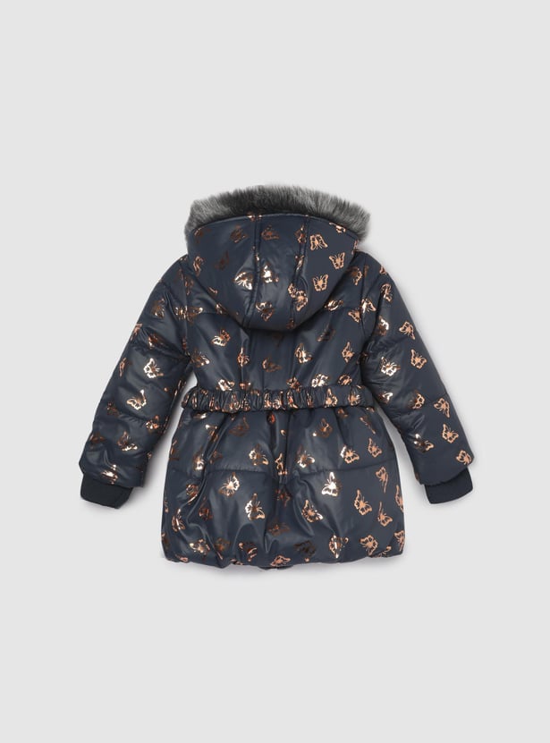 Girls Printed Heavy Hooded Puffer Jacket