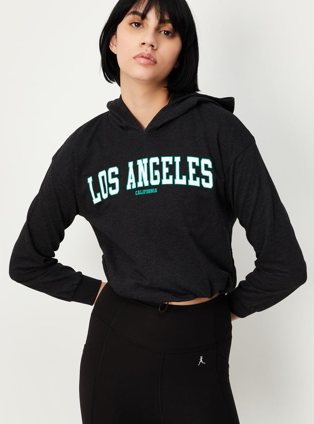 Women Printed Cropped Hooded Sweatshirt