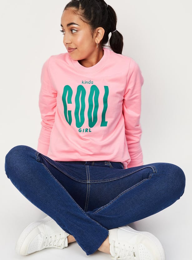 Girls Typographic Printed Full Sleeves Sweatshirt