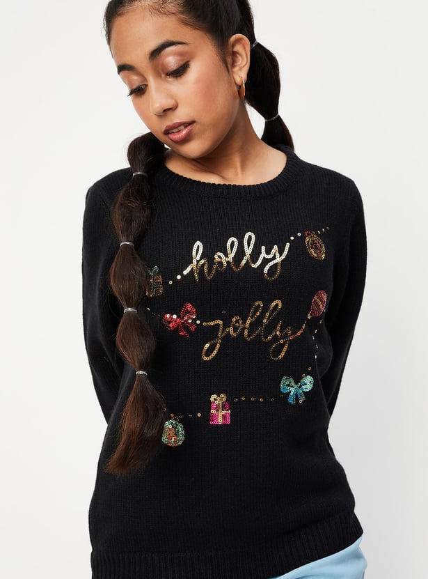 Girls Embellished Full Sleeves Sweater
