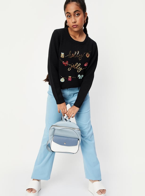 Girls Embellished Full Sleeves Sweater