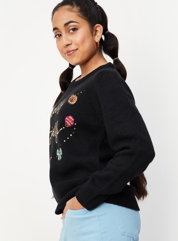 Girls Embellished Full Sleeves Sweater