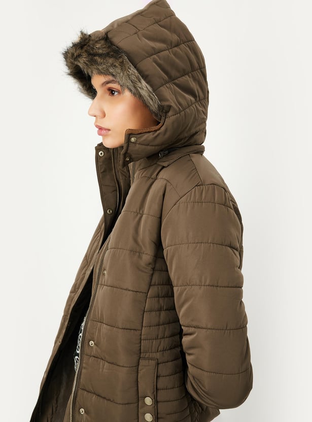 Women Quilted Puffer Jacket with Fur Trim Hood