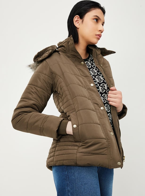 Women Quilted Puffer Jacket with Fur Trim Hood