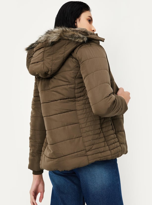 Women Quilted Puffer Jacket with Fur Trim Hood