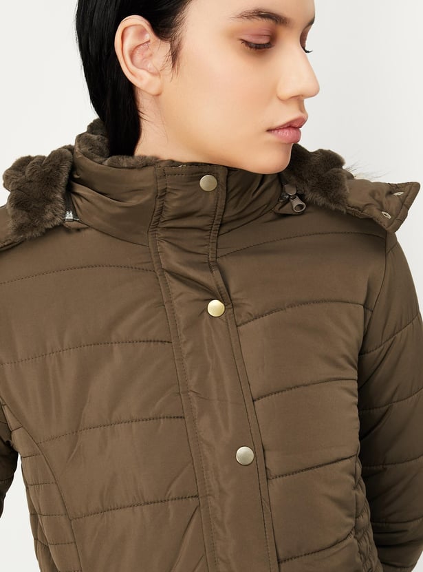 Women Quilted Puffer Jacket with Fur Trim Hood