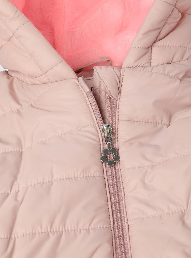 Girls Solid Quilted Hooded Jacket