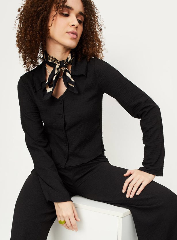 Women Knit Collared Crop Top