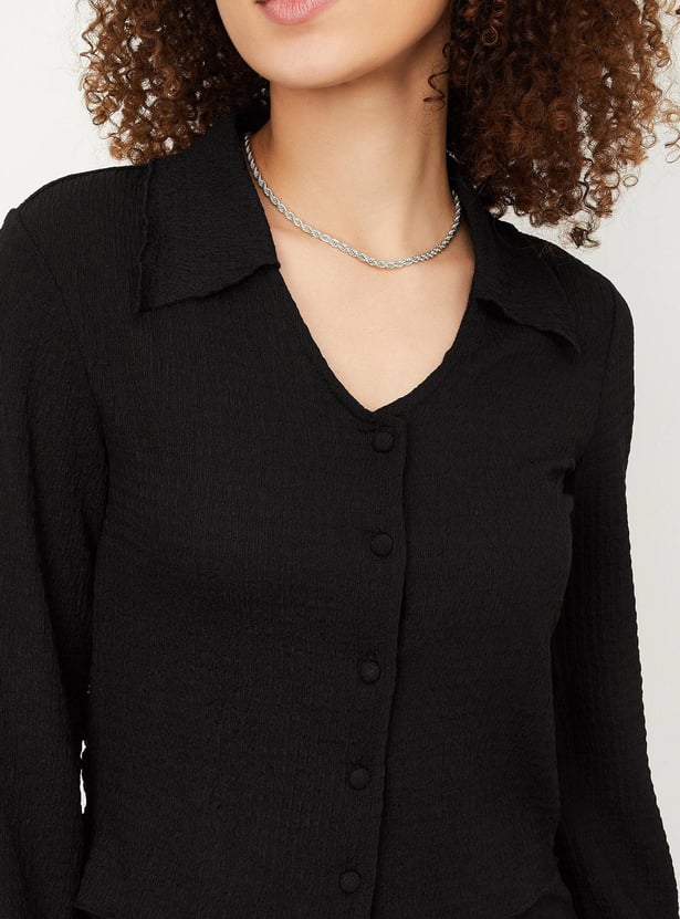 Women Knit Collared Crop Top