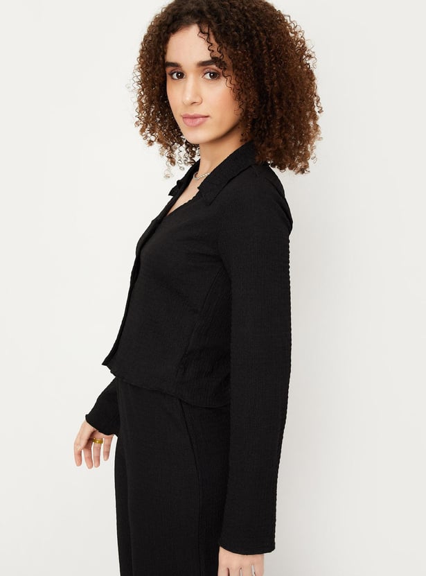 Women Knit Collared Crop Top