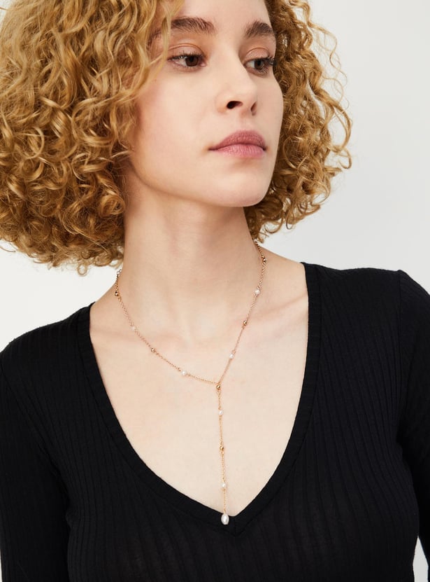 Women Pearl Embellished Lariat Station Necklace