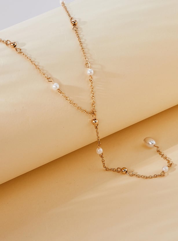 Women Pearl Embellished Lariat Station Necklace