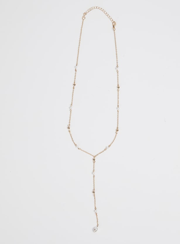Women Pearl Embellished Lariat Station Necklace