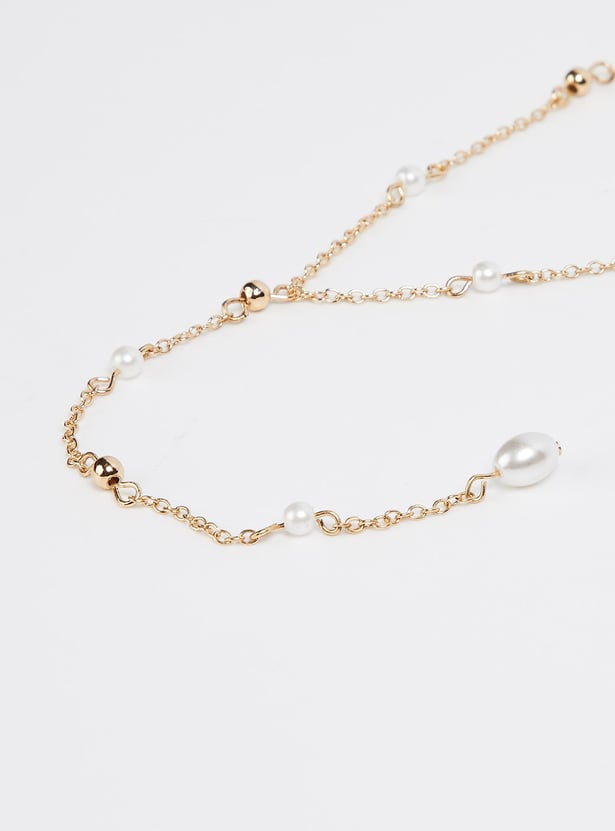 Women Pearl Embellished Lariat Station Necklace