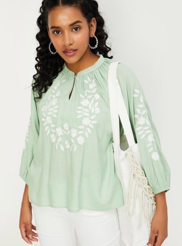 Women Embroidered Tie-Up Neck Top
