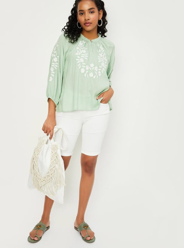 Women Embroidered Tie-Up Neck Top