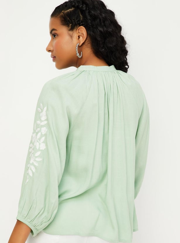Women Embroidered Tie-Up Neck Top