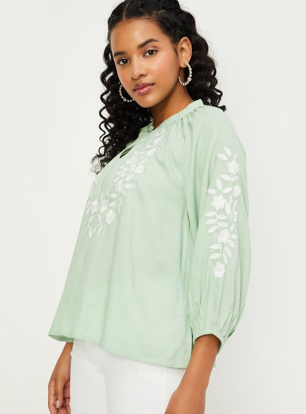 Women Embroidered Tie-Up Neck Top