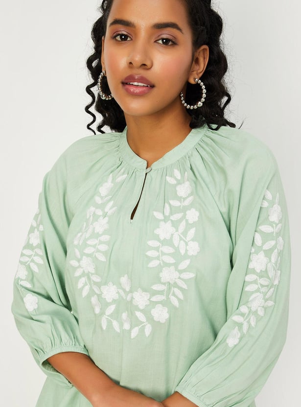 Women Embroidered Tie-Up Neck Top